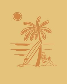 a woman sitting under a palm tree on top of a beach next to a surfboard