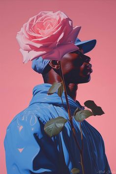 a painting of a man with a rose in his hat on top of his head