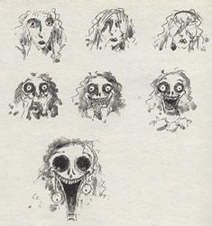 several drawings of creepy faces with different expressions