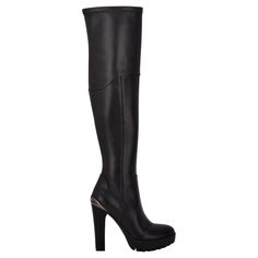 The Taylin Boot Gives An Alluring Appeal With Its Long Over The Knee Shaft, Sky High Heel. Heel Height - 4.72", Platform Height - 1.06" Shaft Height - 19.02", Calf Circumference - 12.99" Shoe Width - Medium Zipper Closure Faux Leather Upper Or Textile Upper, Manmade Lining, Manmade Sole Round Toe Faux Leather, Textile Spot Clean Imported Black High Shaft Boots With Reinforced Heel, Edgy Synthetic Boots For Formal Occasions, Edgy Formal Synthetic Boots, Narrow Calf Boots, Guess Shoes, Calf Boots, Sky High, Boots Black, Over The Knee Boots