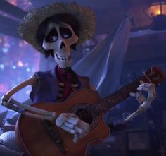 a skeleton holding a guitar and wearing a sombrero in a scene from the animated movie coco