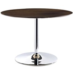 a round wooden table with chrome legs and a black base on an isolated white background