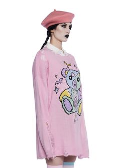 This sweater has a stretchy knit construction, an embroidered monster teddy on the front with button eyes, stitched detailing, a distressed design, and an oversized fit. Button Eyes, Pastel Fashion, Costume Store, Pride Outfit, Cowgirl Outfits, 90s Grunge, New Dolls, Dolls Kill, Exclusive Collection