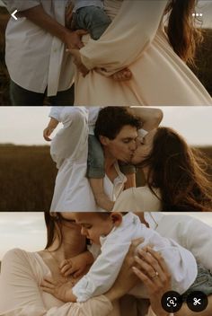 three different shots of people kissing each other and one is holding a baby in his arms