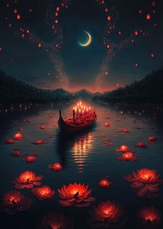 a boat filled with candles floating on top of a lake