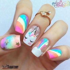 Unicorn Nails Designs, Unicorn Nail Art, Kids Nail Designs, Rainbow Nail Art, Colorful Nail Art, Colorful Nail, Unicorn Nails, Nails For Kids, Rainbow Nails