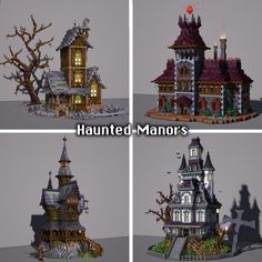 four different views of a house made out of lego blocks and bricks with the words, haunted manors on it