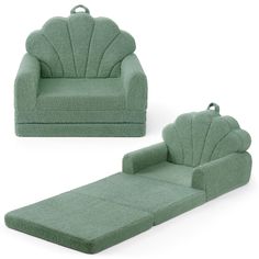 a green chair and footstool are shown in two different positions, one with the seat up