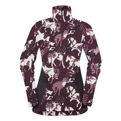 a women's purple and white jacket with horses on it