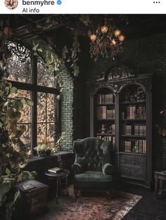 an old fashioned chair sitting in front of a bookcase with ivy growing on it