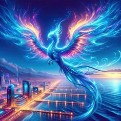 a painting of a bird flying over a city at night with lights on the water