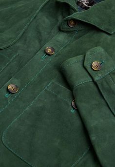 Solid Green Suede Shirt Luxury Tops With Buttons And Spread Collar, Luxury Tops With Spread Collar And Button Closure, Luxury Tops With Button Closure And Spread Collar, Luxury Tops With Pockets, Stylish Suits For Men, Dinner Jacket, Stylish Suit, Classic Trench Coat, Solid Green