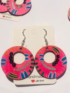 This listing is for one bright and beautiful colours as a combination making a fabulous pair of hand painted super lightweight wood earrings.  Listing is for the pair pictured in the photos. They are ready to ship and will go out same or next day.  Please Note: Due to the nature of the creation of these products, some imperfections and variations may exist. However, all items are made with the utmost love and care and each are unique in their own little way. Colours may vary due to screen monitor light and tone variations. Trendy Red Hand Painted Earrings, Colorful Handmade Fun Earrings, Hand Painted Pink Earrings For Gifts, Hand Painted Pink Earrings For Gift, Funky Red Handmade Jewelry, Pink Hand Painted Earrings For Gift, Fun Hand-painted Pink Earrings, Fun Hand Painted Pink Earrings, Fun Pink Earrings For Pierced Ears