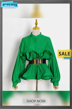 Long Sleeve Ruffle Blouse Women Autumn High Waist Stand Collar Slim Top with Belt Green Ruffled Top For Office, Fall Pleated Collared Tops, Green Collar Blouse For Spring, Pleated Spring Office Tops, Fall Pleated Collared Blouse, Spring Pleated Office Tops, Pleated Tops For Spring Office Wear, Spring Pleated Tops For Office, Casual Pleated Top For Party