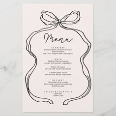 a menu card with a bow on the top and ribbon at the bottom, in black ink