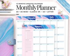 the month planner is shown with pink and blue designs