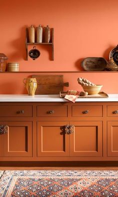 Orange Cupboards Kitchen Cabinets, Kitchen Wall Paint Colors, Orange Kitchen Walls, Kitchen Wall Paint, Paint For Kitchen Walls, Brown Cabinets