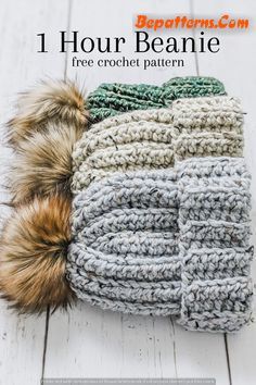 a crocheted hat with two pom - poms on it and the text, 1 hour beanie free crochet pattern