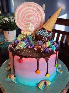 Ombre Ice cream cone and candy cake with chocolate drip. Chocolate Candy Birthday Cake Ideas, Upside Down Ice Cream Cone Cake, Ice Cream Cake Designs, Upside Down Ice Cream, Cone Cake, Candyland Cake, Oat Recipes Healthy