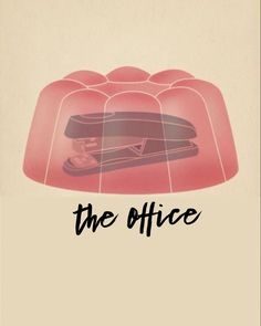 an advertisement for the office with a cake on it's top and words in black