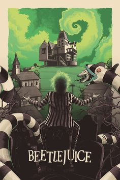 a movie poster for beetlejuice with an image of a man on a motorcycle