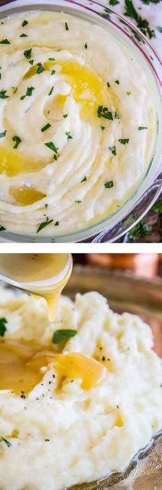 mashed potatoes with butter and parsley being drizzled over them