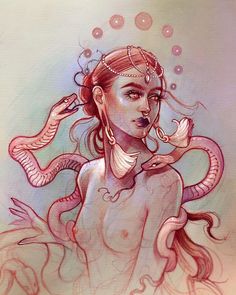 a drawing of a woman with an octopus on her head and snake around her neck