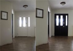 two pictures of the inside of a house with wood flooring and white walls, one is