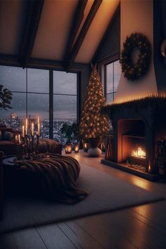 a living room filled with furniture and a christmas tree in front of a fire place