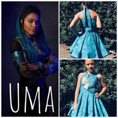 a collage of photos with the words uma written in front of them and an image of a woman wearing a blue dress