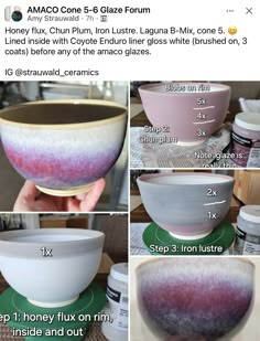 the instructions for how to make an ombrella bowl with purple and white glaze