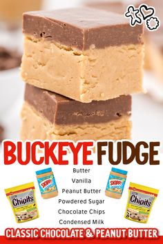 three pieces of peanut butter fudge are stacked on top of each other with chocolate chips