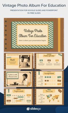 the vintage photo album for education is displayed in this graphic style, and includes four different slides