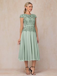 Details:      Fabric: Chiffon; Lace  Neckline: Round Neck  Sleeve Length: Cap Sleeves  Embellishment: None  Dress Length: Tea Length   Available in full size range (US0-US30) and in   custom size Summer Chiffon Mother Of The Bride Dress, Green Chiffon Evening Dress For Mother Of The Bride, Fitted Chiffon Short Sleeve Dress For Banquet, Fitted Knee-length Chiffon Dress For Wedding Guest, Green Chiffon Mother Of The Bride Dress For Wedding, Fitted Green Chiffon Dress For Wedding, Fitted Green Chiffon Dress, Green Fitted Chiffon Dress, Fitted Chiffon Dress For Mother Of The Bride