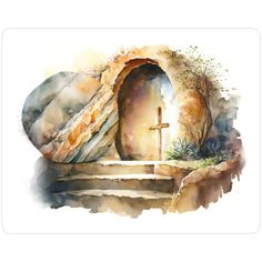 a watercolor painting of an open door with a cross in the middle and rocks surrounding it