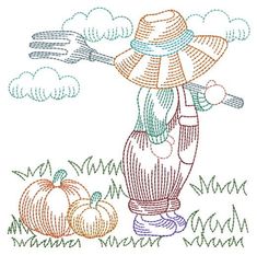 a drawing of a scarecrow with two pumpkins in the grass and clouds above it