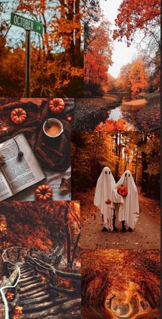 a collage of photos with pumpkins, books and other things in the background