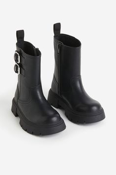 Calf-high biker boots. Adjustable straps with a metal buckle on one side  a zipper at other side  and a loop at back. Velboa lining  insoles in Cellfit™ technical foam for added comfort  and chunky soles. Sole thickness approx. 1 1/4 in. Side A, Girls Shoes Kids, M Beauty, Biker Boots, Black Kids, Metal Buckles, Black Boots, Personal Style, Adjustable Straps