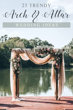 an image of a wedding ceremony setup on the dock with flowers and draping