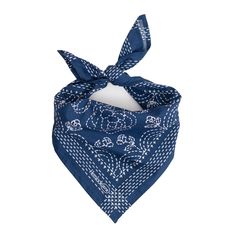 a blue bandana with an elephant design on the front and bottom, tied to a white