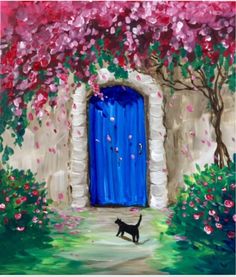 a painting of a cat in front of a blue door with pink flowers on it