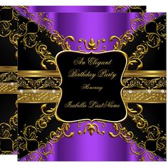 a purple and black birthday party card with gold trimmings on the border,