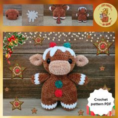 the crochet pattern is for a stuffed animal that looks like a christmas reindeer