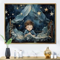 a painting of a boy laying in bed with stars on the night sky above him