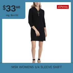 Sleek, stylish, and perfect for a special occasion, this MSK women's knee-length dress is made from a soft stretch fabric for a comfortable fit and feel. Cut in a shift-style silhouette, it has a spread collar and zip neckline - wear it with hoop earrings and stiletto sandals.Features: Zip Front, Stretch FabricClosure Type: ZipperNeckline: Collar NeckSleeve Length: 3/4 SleeveSleeve Style: Fitted SleeveApparel Length: 36.5 Inches - BackDress Length: Knee LengthFiber Content: 95% Polyester, 5% Sp… Elegant Half Sleeve Mini Dress, Stretch Half Sleeve Mini Dress, Formal Spring Mini Dress With 3/4 Sleeves, Evening Half Sleeve Mini Dress, Fitted Dresses With 3/4 Sleeve, Black Midi Dress With 3/4 Sleeve, Large Dresses, Medium Dresses, Small Dresses