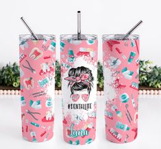 two pink tumblers with different types of items on them