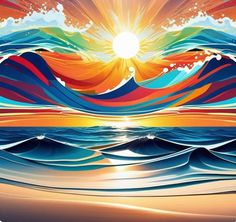 the sun is setting over the ocean with colorful waves in front of it and an orange sky