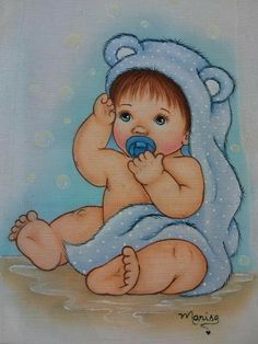 a painting of a baby in a blue bear outfit holding a pacifier to its mouth