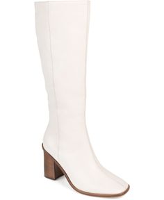 in stock White Knee-high Boots For Wide Calves, White Knee-high Boots With Wide Calf, Fall White Knee-high Boots Medium Width, White Leather Knee-high Boots With Snip Toe, White Leather Knee-high Boots Medium Width, Heel Knee High Boots, Chunky Block Heels, Stacked Heel, Knee High Boots