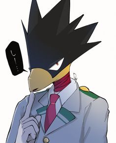 an anime character wearing a suit and tie holding a phone up to his ear with one hand